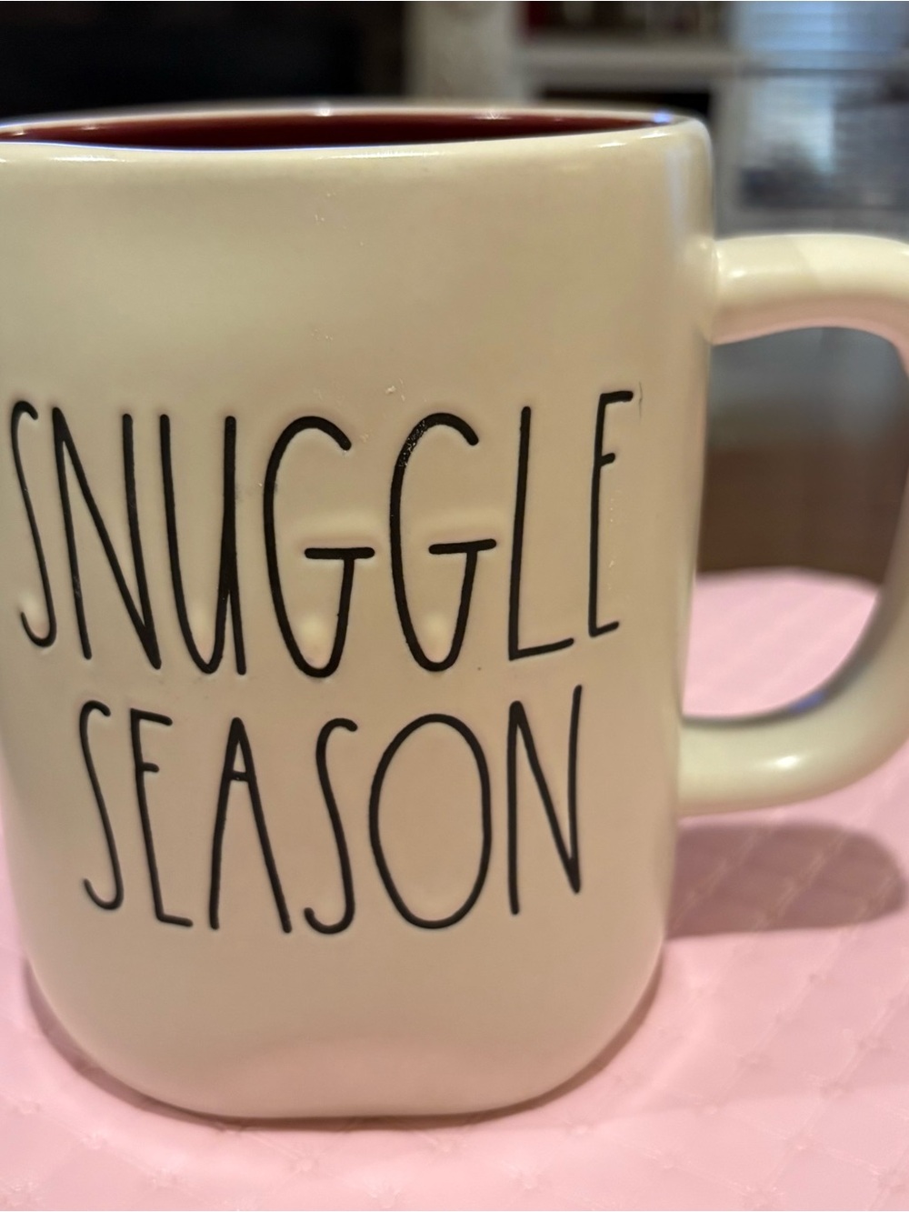 Rae Dunn “snuggle Season” mug with maroon inside by magenta.